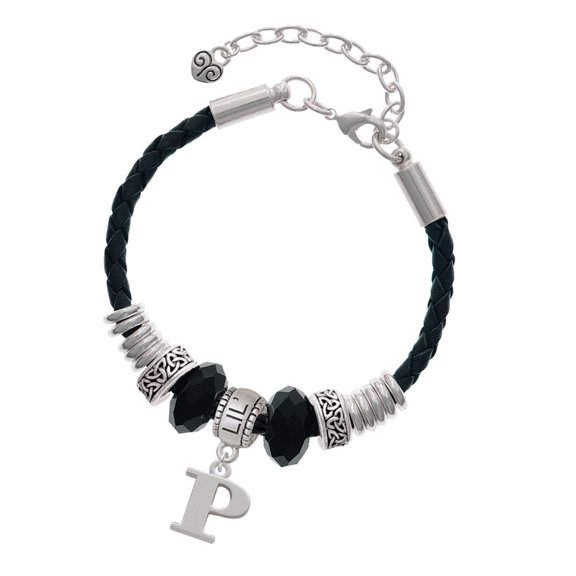 Delight Jewelry Silvertone Large Initial - P - Big Sister Celtic Knot Leather Bead Bracelet, 7"+2" Extender