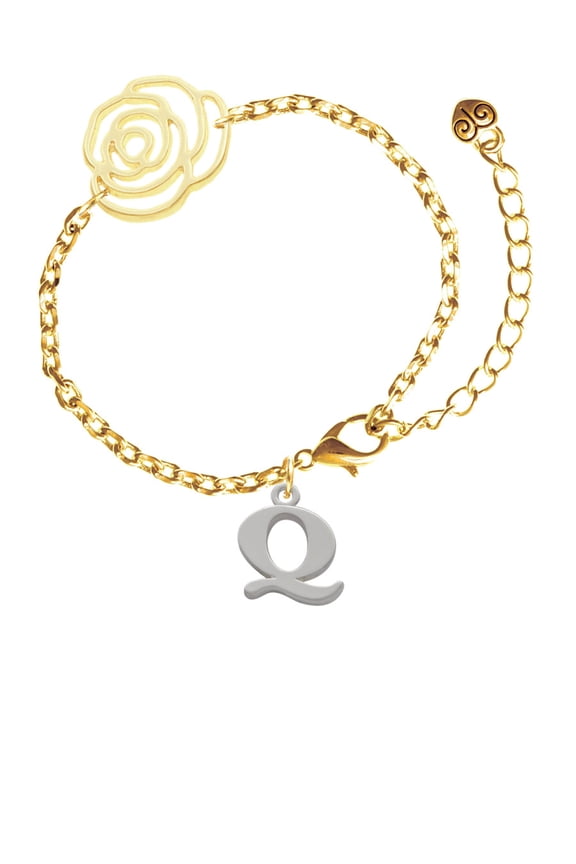 Silvertone Large Initial - Q - Gold-tone Flower Link Chain Bracelet, 6.75"+2" Extender