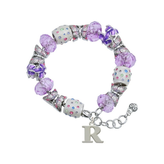 Delight Jewelry Silvertone Large Initial - R - Purple Butterfly Bead Charm Bracelet, 7"+1" Extender