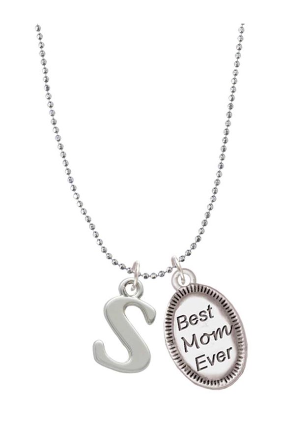 Silvertone Large Initial - S - Best Mom Ever Charm Necklace