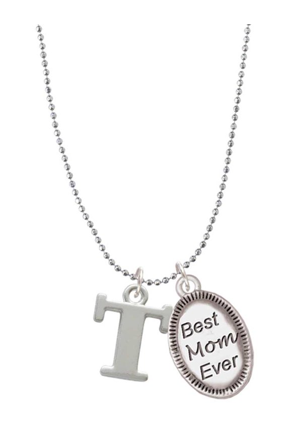 Silvertone Large Initial - T - Best Mom Ever Charm Necklace