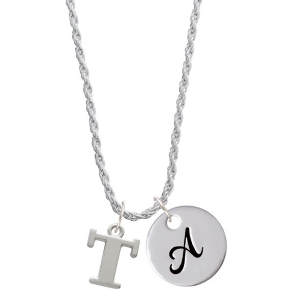 Delight Jewelry Silvertone Large Initial - T - Silvertone Script Initial Disc - A - Charm Necklace, 20"+3"