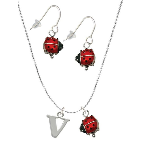Delight Jewelry Silvertone Large Initial - V - Red Lucky Ladybug Necklace and Dangle Earrings Set