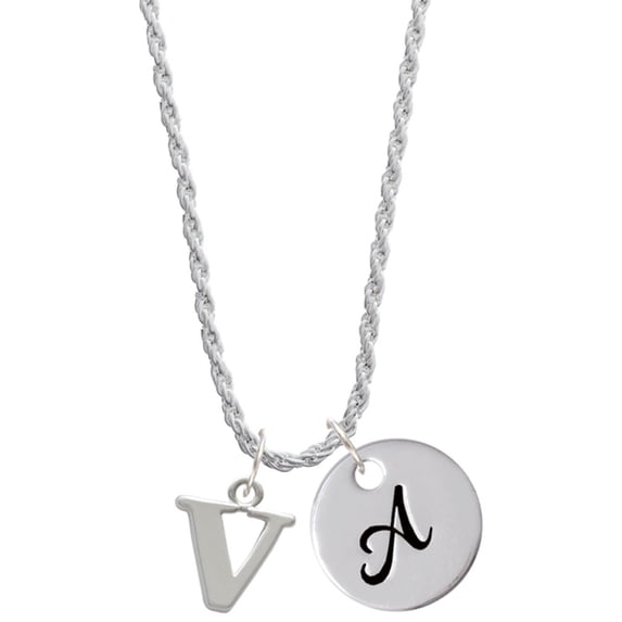 Delight Jewelry Silvertone Large Initial - V - Silvertone Script Initial Disc - A - Charm Necklace, 20"+3"