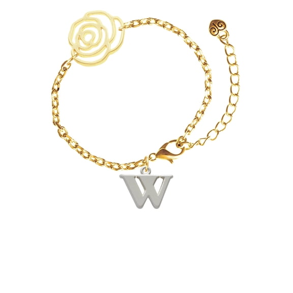 Delight Jewelry Silvertone Large Initial - W - Gold-tone Flower Link Chain Bracelet, 6.75"+2" Extender
