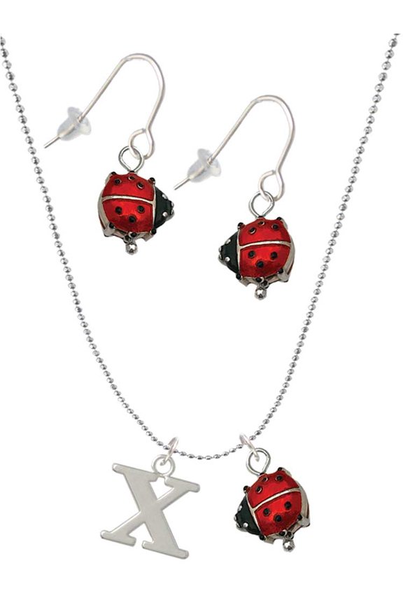 Silvertone Large Initial - X - Red Lucky Ladybug Necklace and Dangle Earrings Set
