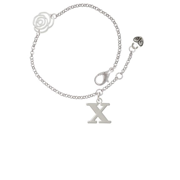 Delight Jewelry Silvertone Large Initial - X - Silver-tone Rose Link Chain Bracelet, 6.25"+1.75" Extender
