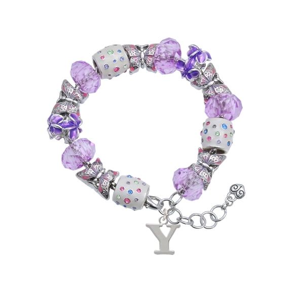 Delight Jewelry Silvertone Large Initial - Y - Purple Butterfly Bead Charm Bracelet, 7"+1" Extender