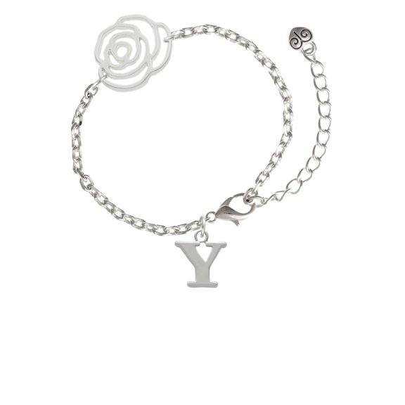 Delight Jewelry Silvertone Large Initial - Y - Silver-tone Flower Link Chain Bracelet, 6.75"+2" Extender
