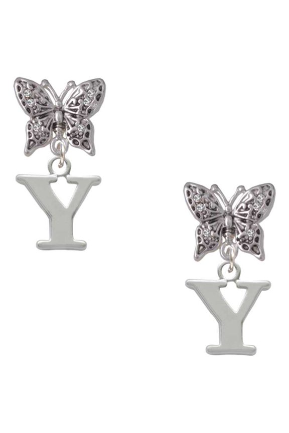 Silvertone Large Initial - Y - Silvertone Antiqued Butterfly Post Earrings