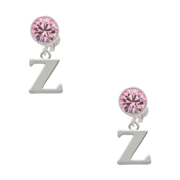 Delight Jewelry Silvertone Large Initial - Z - Pink Crystal Clip on Earrings