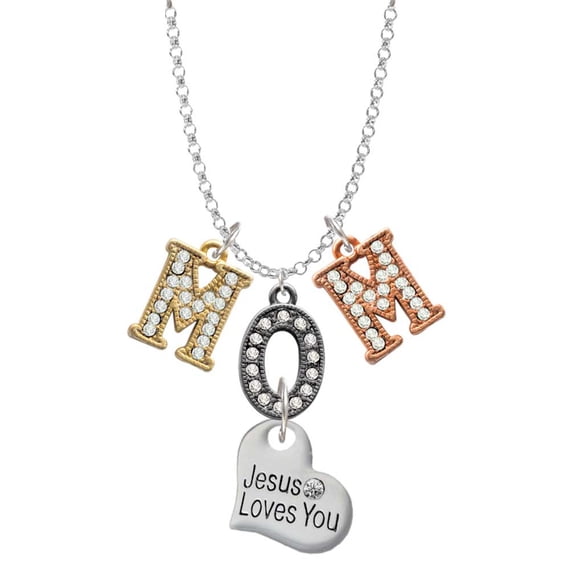 Delight Jewelry Silvertone Large Jesus Loves You Heart Multi-Colored Crystal Mom Charm Necklace