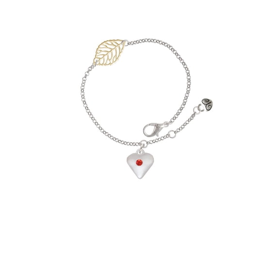 Delight Jewelry Silvertone Large July - Red Crystal Heart - Goldtone Leaf Delicate Bracelet, 6.25+1.75"