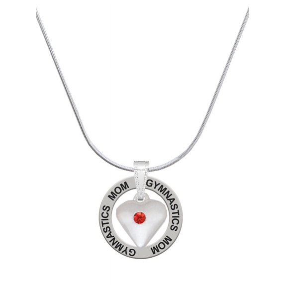 Delight Jewelry Silvertone Large July - Red Crystal Heart Gymnastics Mom Ring Charm Necklace, 18"
