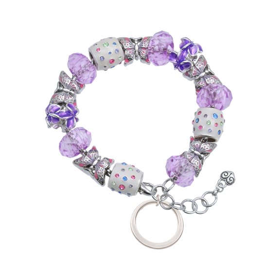 Delight Jewelry Silvertone Large Karma Ring Purple Butterfly Bead Charm Bracelet, 7"+1" Extender