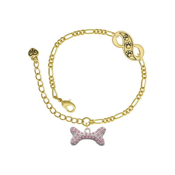 Delight Jewelry Silvertone Large Light Pink Crystal Dog Bone Gold-tone Paw Infinity Link Chain Bracelet, 6"+2" Extender