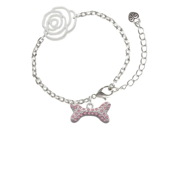 Delight Jewelry Silvertone Large Light Pink Crystal Dog Bone Silver-tone Flower Link Chain Bracelet, 6.75"+2" Extender