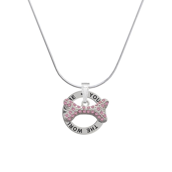 Delight Jewelry Silvertone Large Light Pink Crystal Dog Bone Silver-tone You Mean the World to Me Ring Necklace, 18"
