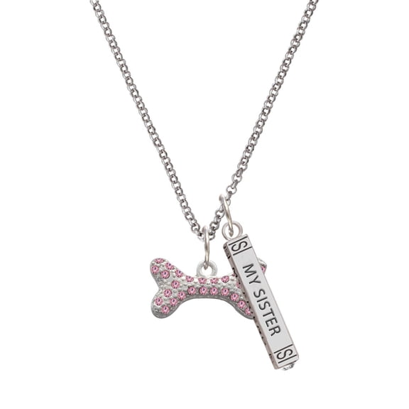 Delight Jewelry Silvertone Large Light Pink Crystal Dog Bone Silvertone Always My Sister Bar Charm Necklace, 23"