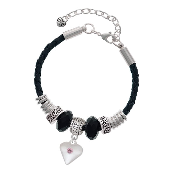 Delight Jewelry Silvertone Large Light Pink Crystal Heart Wife Celtic Knot Leather Bead Bracelet, 7"+2" Extender