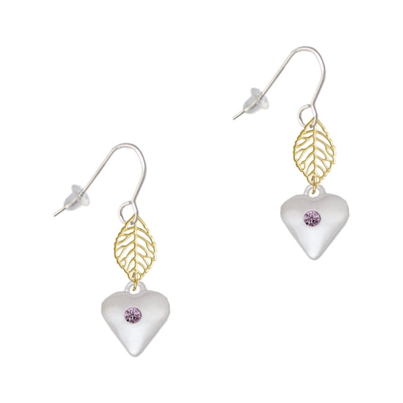 Delight Jewelry Silvertone Large Light Purple Crystal Heart Goldtone Leaf French Earrings
