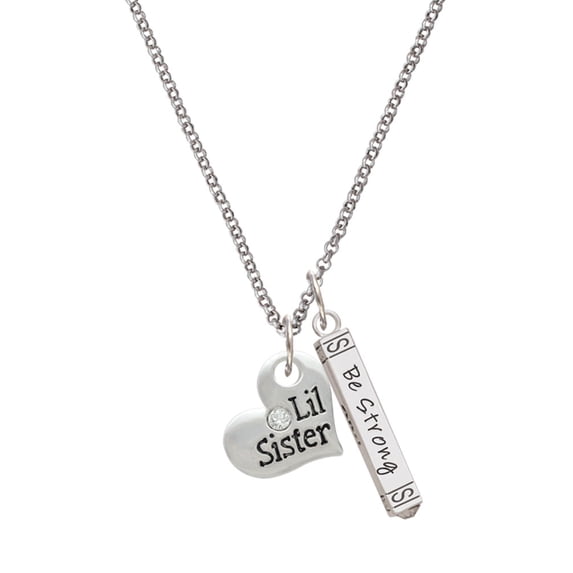 Delight Jewelry Silvertone Large ''Lil Sister'' Heart with Clear Crystal Silvertone Be Strong and Courageous Bar Charm Necklace, 23"