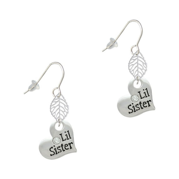 Delight Jewelry Silvertone Large ''Lil Sister'' Heart with Clear Crystal Silvertone Leaf French Earrings