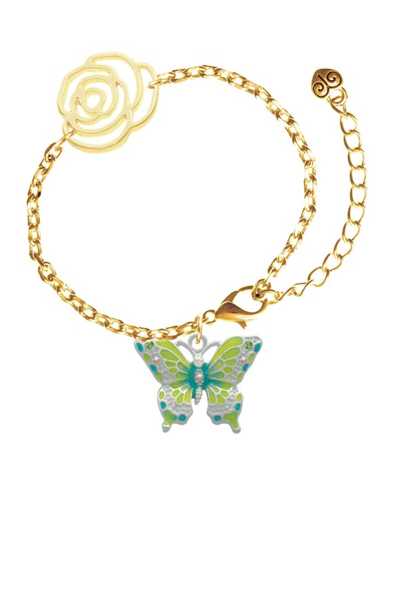 Silvertone Large Lime Green & Blue Butterfly Gold-tone Flower Link Chain Bracelet, 6.75"+2" Extender