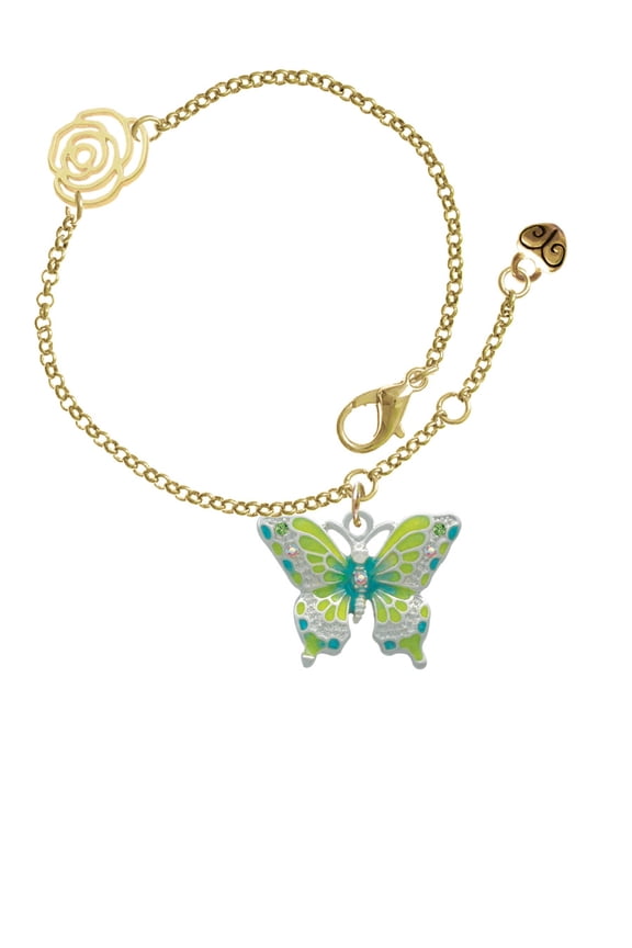 Silvertone Large Lime Green & Blue Butterfly Gold-tone Rose Link Chain Bracelet, 6.25"+1.75" Extender
