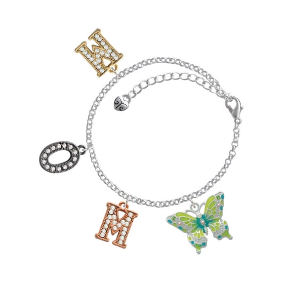 Delight Jewelry Silvertone Large Lime Green & Blue Butterfly Multi-Colored Crystal Mom Charm Bracelet
