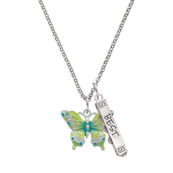 Delight Jewelry Silvertone Large Lime Green & Blue Butterfly Silvertone Best Friends Forever Bar Charm Necklace, 23"