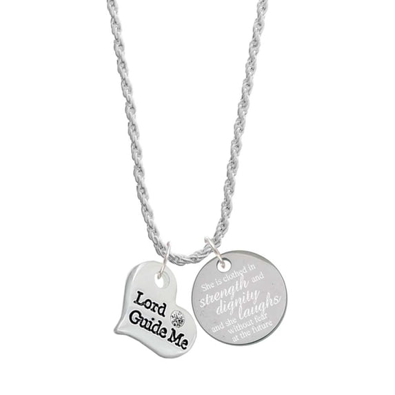 Delight Jewelry Silvertone Large Lord Guide Me Heart She is Clothed in Stength and Dignity Charm Necklace, 20"+3"