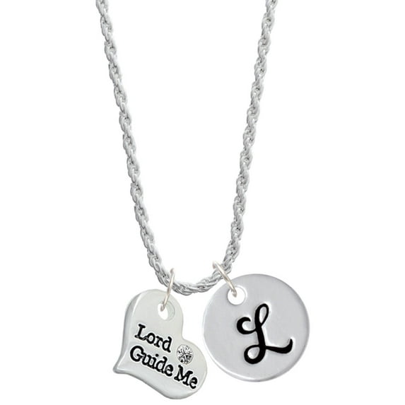 Delight Jewelry Silvertone Large Lord Guide Me Heart Silvertone Script Initial Disc - L - Charm Necklace, 20"+3"