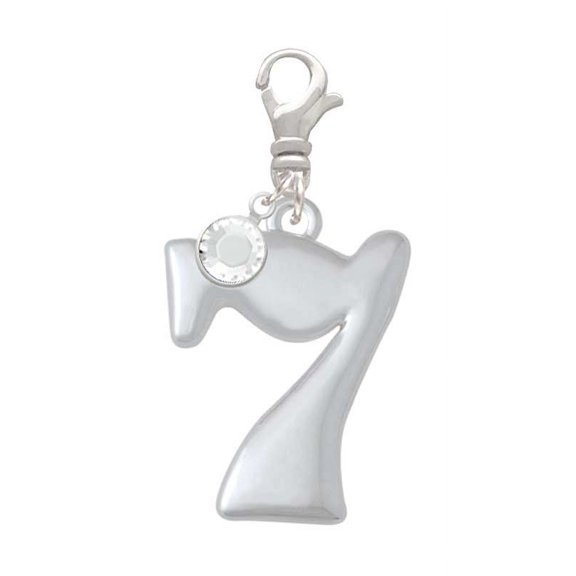 Delight Jewelry Silvertone Large Lucky 7 - Silvertone Clip on Charm with Clear Crystal Drop