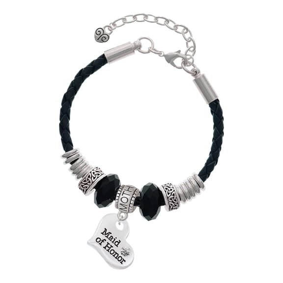 Delight Jewelry Silvertone Large Maid of Honor Heart Mother Celtic Knot Leather Bead Bracelet, 7"+2" Extender