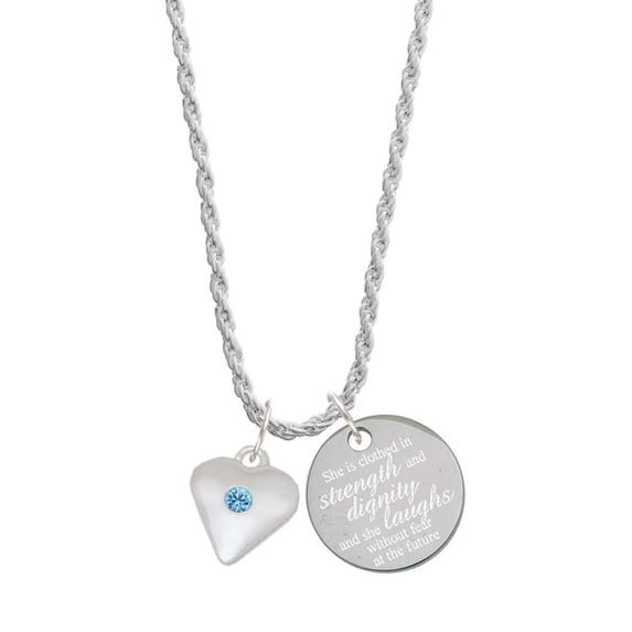 Delight Jewelry Silvertone Large March - Hot Blue Crystal Heart She is Clothed in Stength and Dignity Charm Necklace, 20"+3"