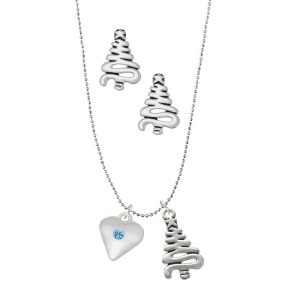 Delight Jewelry Silvertone Large March - Hot Blue Crystal Heart Silver tone Zig Zag Christmas Tree Charm Necklace and Stud Earrings