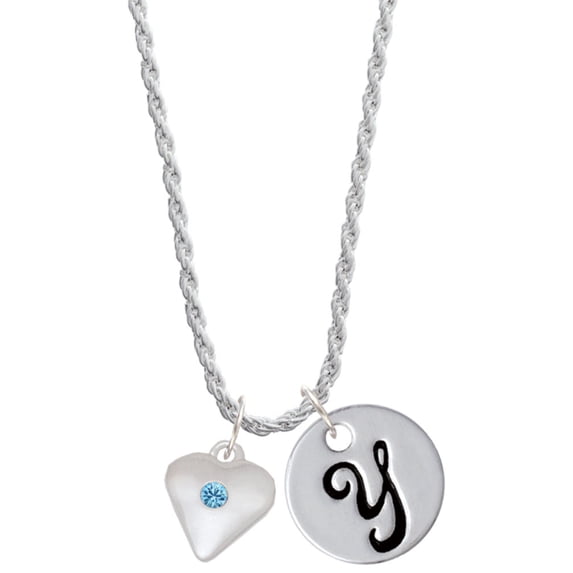 Delight Jewelry Silvertone Large March - Hot Blue Crystal Heart Silvertone Script Initial Disc - Y - Charm Necklace, 20"+3"