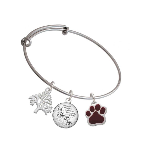Delight Jewelry Silvertone Large Maroon Paw Silvertone Let Things Go Tree Charm Bangle Bracelet