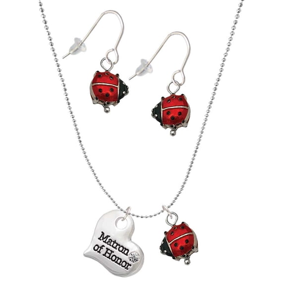 Delight Jewelry Silvertone Large Matron of Honor Heart Red Lucky Ladybug Necklace and Dangle Earrings Set