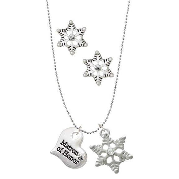 Delight Jewelry Silvertone Large Matron of Honor Heart Silver tone Snowflake Charm Necklace and Stud Earrings