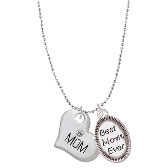 Delight Jewelry Silvertone Large ''Mom'' Heart with Clear Crystal Best Mom Ever Charm Necklace
