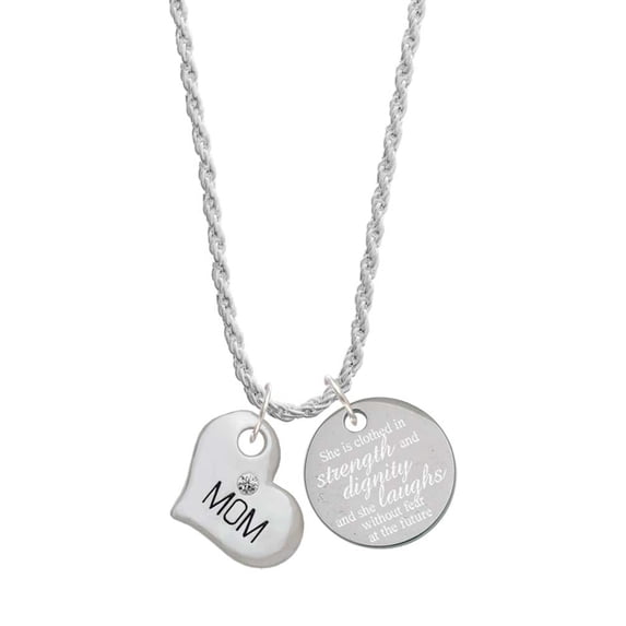 Delight Jewelry Silvertone Large ''Mom'' Heart with Clear Crystal She is Clothed in Stength and Dignity Charm Necklace, 20"+3"
