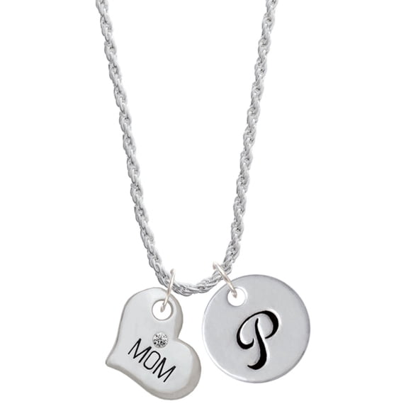 Delight Jewelry Silvertone Large ''Mom'' Heart with Clear Crystal Silvertone Script Initial Disc - P - Charm Necklace, 20"+3"