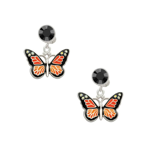 Delight Jewelry Silvertone Large Monarch Butterfly with 6 AB Crystals Black Crystal Clip on Earrings