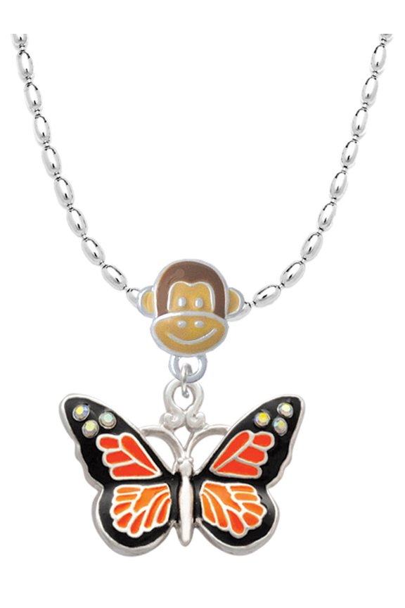 Silvertone Large Monarch Butterfly with 6 AB Crystals Mia Monkey Charm Necklace