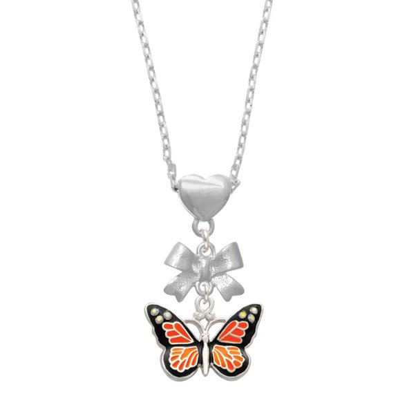 Delight Jewelry Silvertone Large Monarch Butterfly with 6 AB Crystals Silver tone Bow Heart Necklace