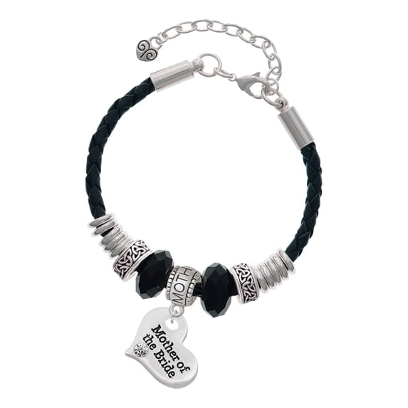 Delight Jewelry Silvertone Large Mother of the Bride Heart Mother Celtic Knot Leather Bead Bracelet, 7"+2" Extender