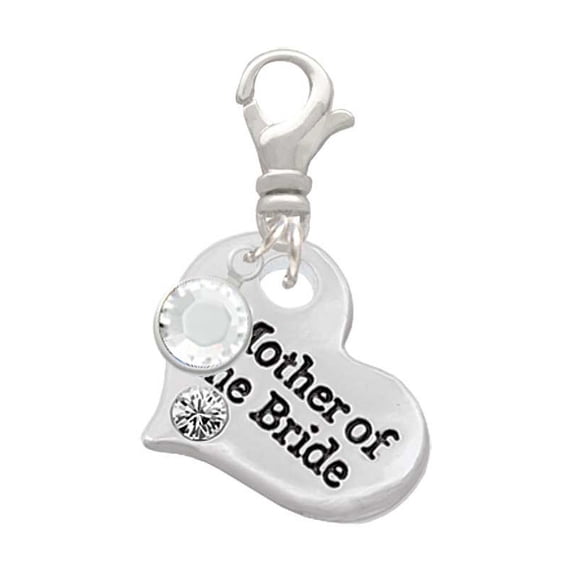 Delight Jewelry Silvertone Large Mother of the Bride Heart - Silvertone Clip on Charm with Clear Crystal Drop
