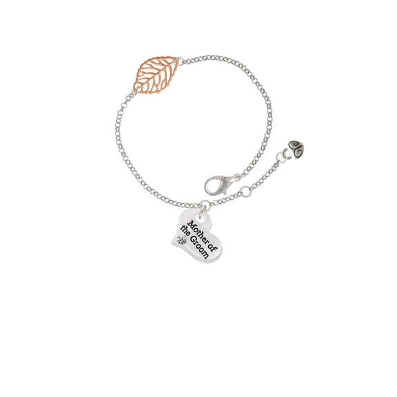 Delight Jewelry Silvertone Large Mother of the Groom Heart - Rose Goldtone Leaf Delicate Bracelet, 6.25+1.75"